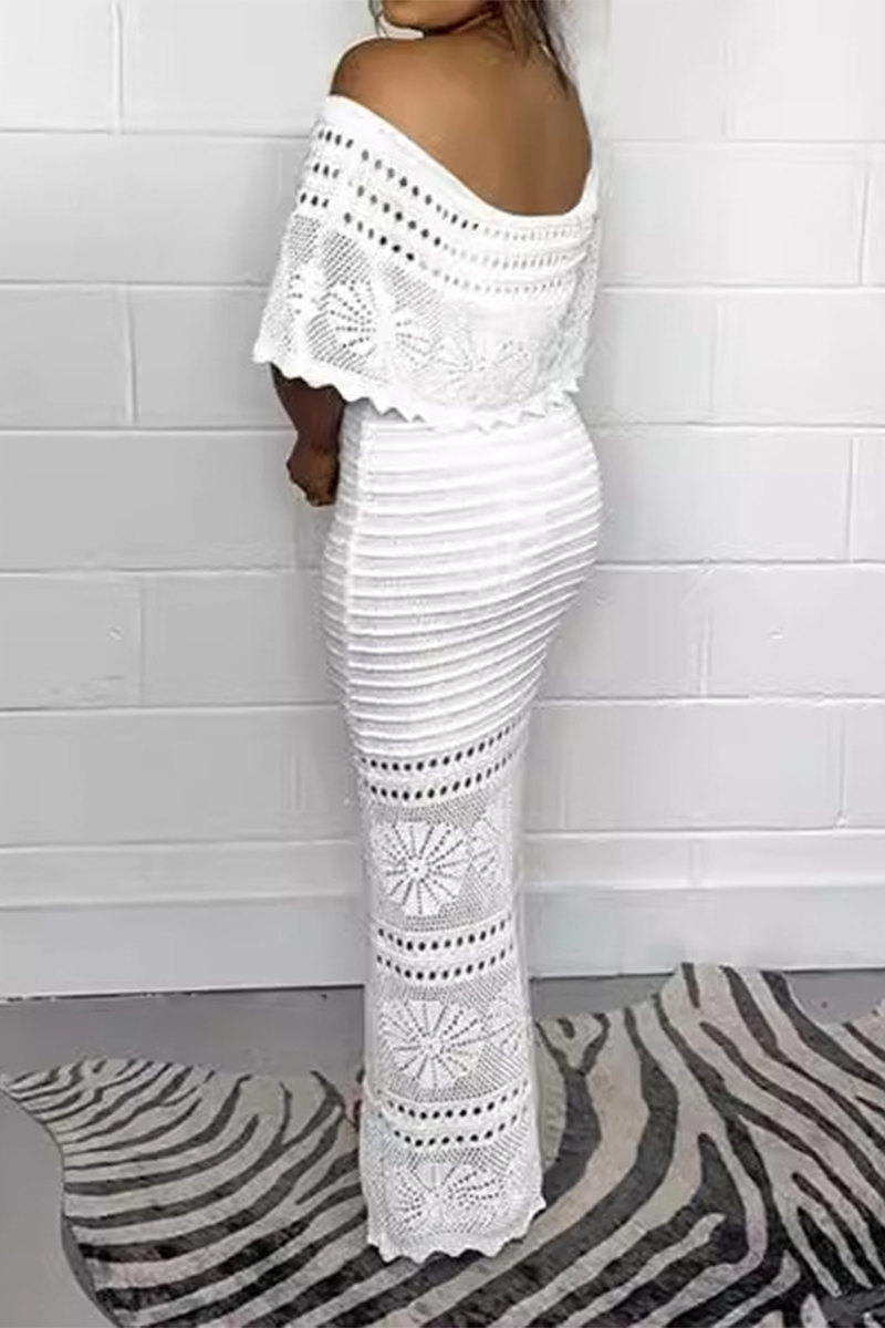 Sexy Solid Color Hollow Out Weave Off Shoulder One Step Skirt Dresses