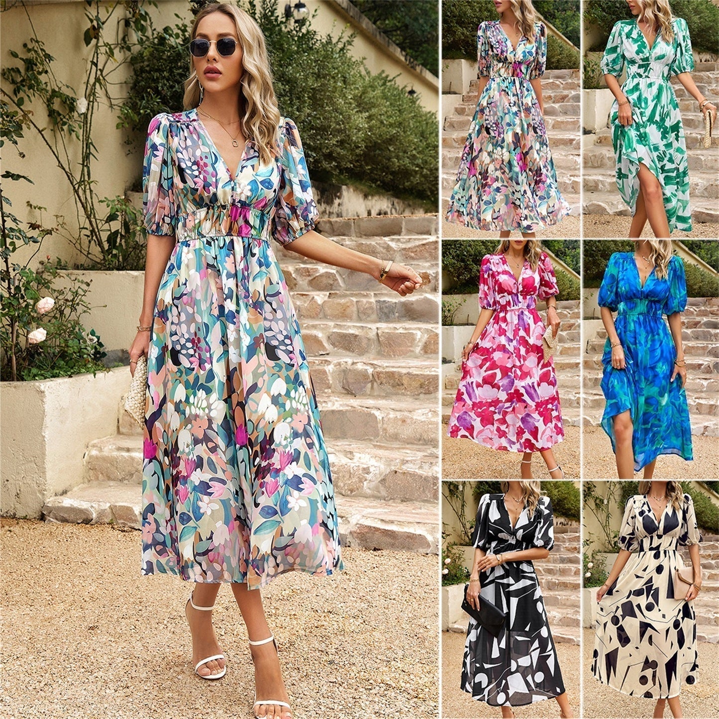 Elegant Waist V-neck Printed Dress