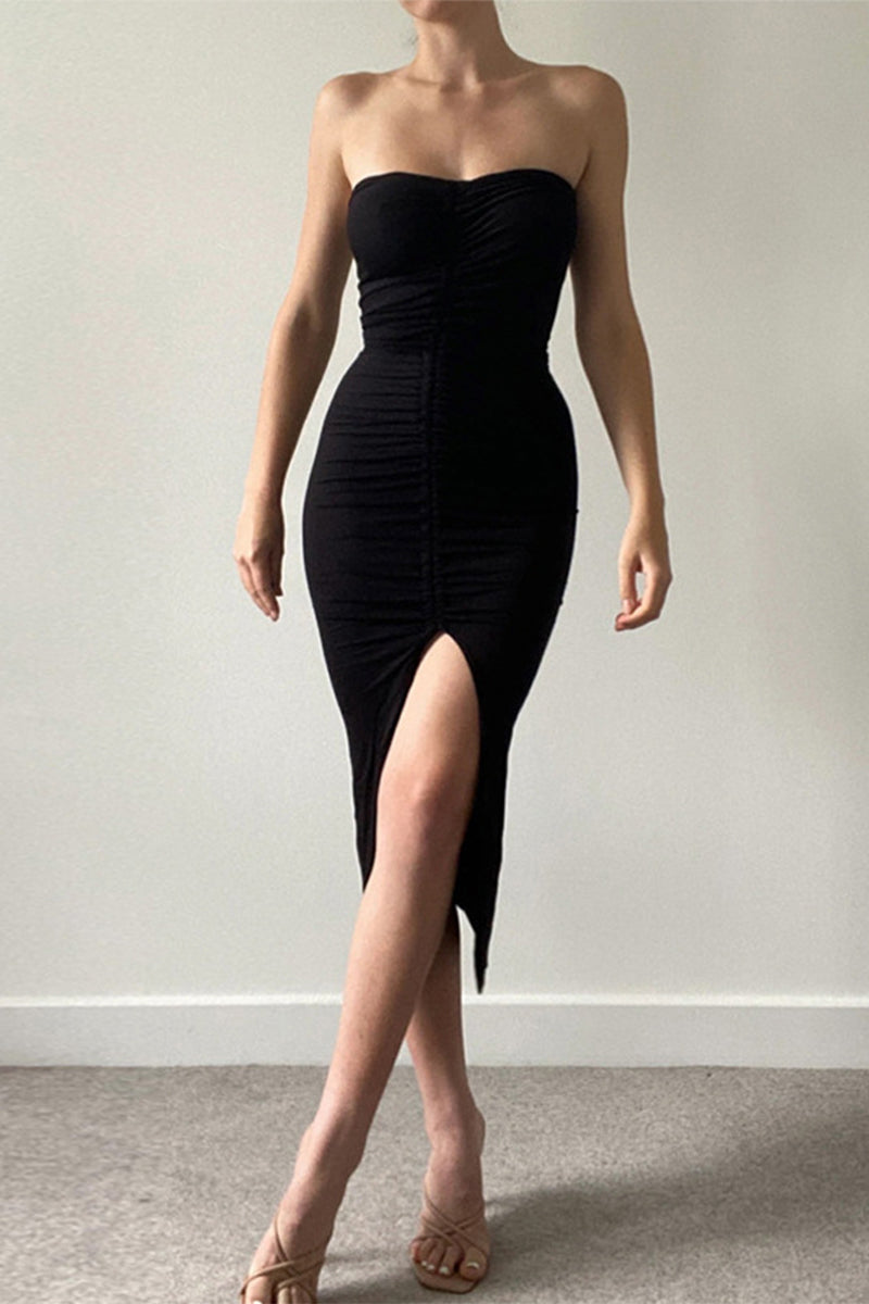 Sexy Solid Draw String Frenulum Slit Strapless Wrapped Skirt Dresses(Wear in a variety of ways)