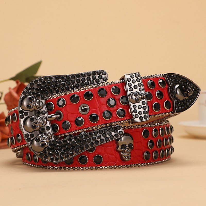 Skull Rhinestone Belt with Crocodile Pattern