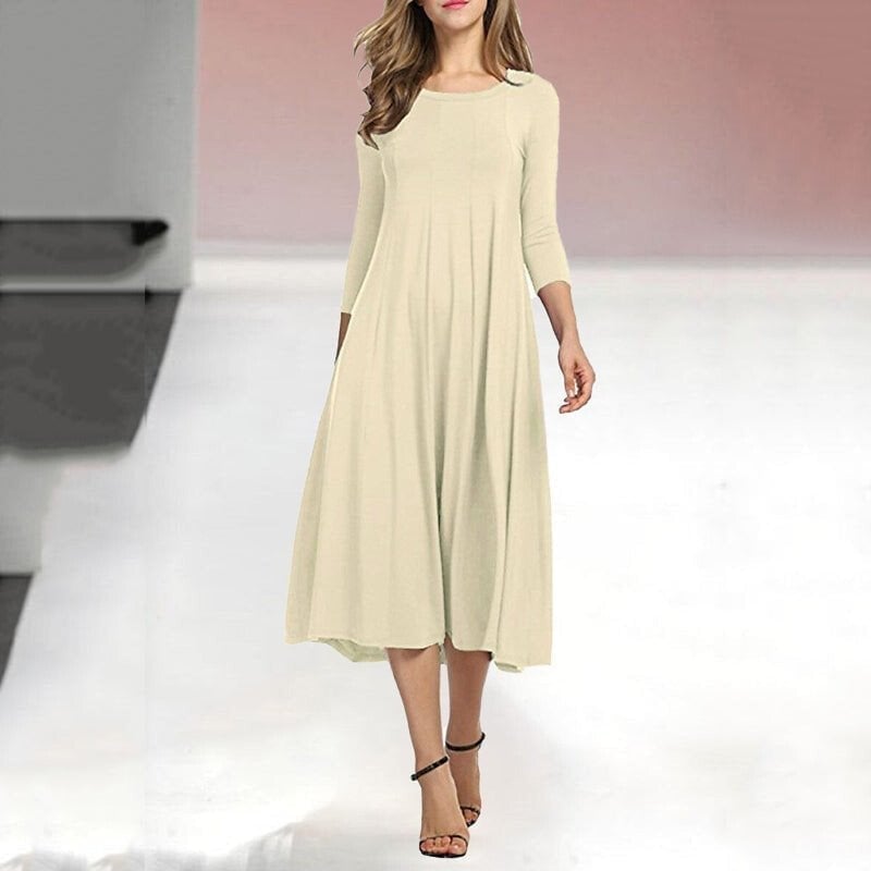 Women's New Mid-sleeve Solid Color Swing Dress