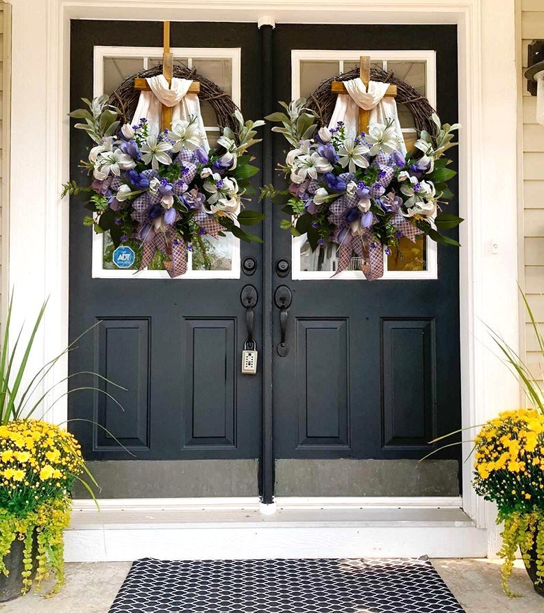 Easter Wreath with Cross for Front Door|Religious Easter Spring Wreath