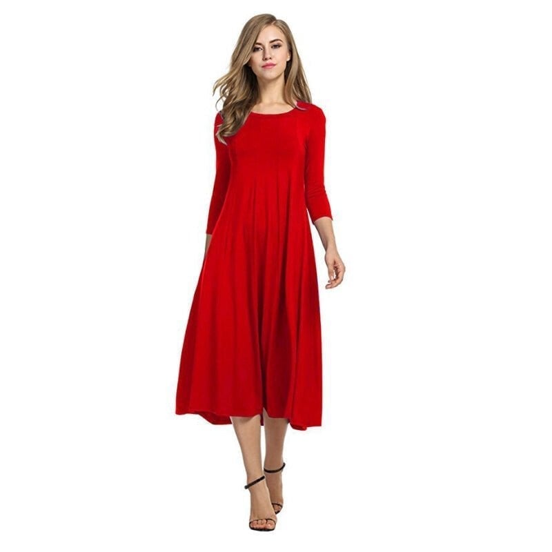 Women's New Mid-sleeve Solid Color Swing Dress