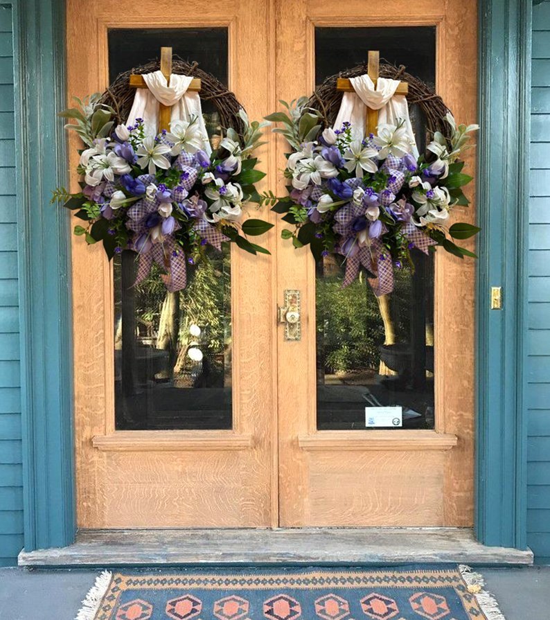 Easter Wreath with Cross for Front Door|Religious Easter Spring Wreath