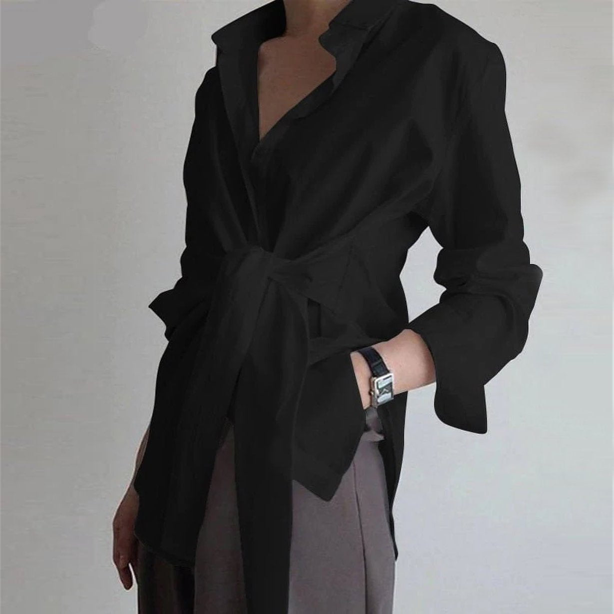 Solid Color Belted Lengthening Shirt