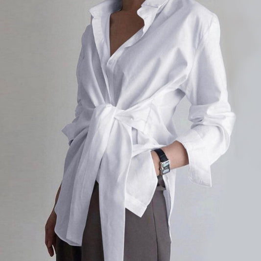 Solid Color Belted Lengthening Shirt