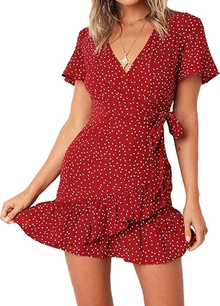 Women's Summer Wrap V Neck Polka Dot Print Ruffle Short Sleeve Mini Floral Dress with Belt