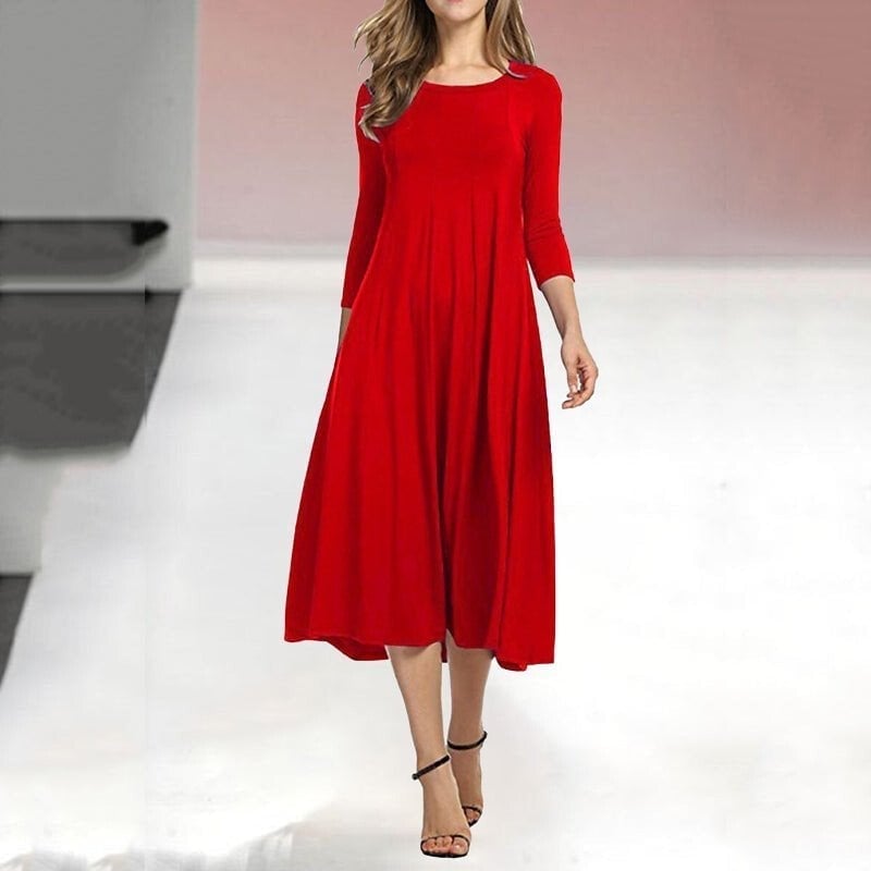 Women's New Mid-sleeve Solid Color Swing Dress