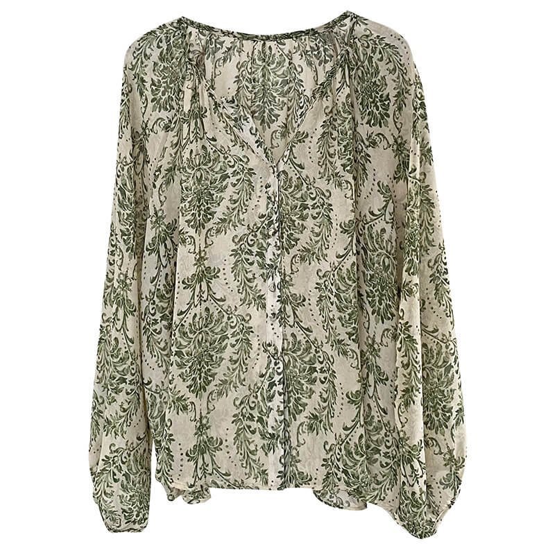 Women's Green Floral Balloon Sleeve Shirt