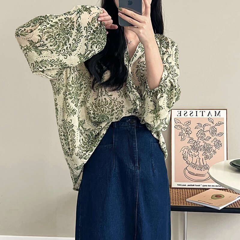 Women's Green Floral Balloon Sleeve Shirt