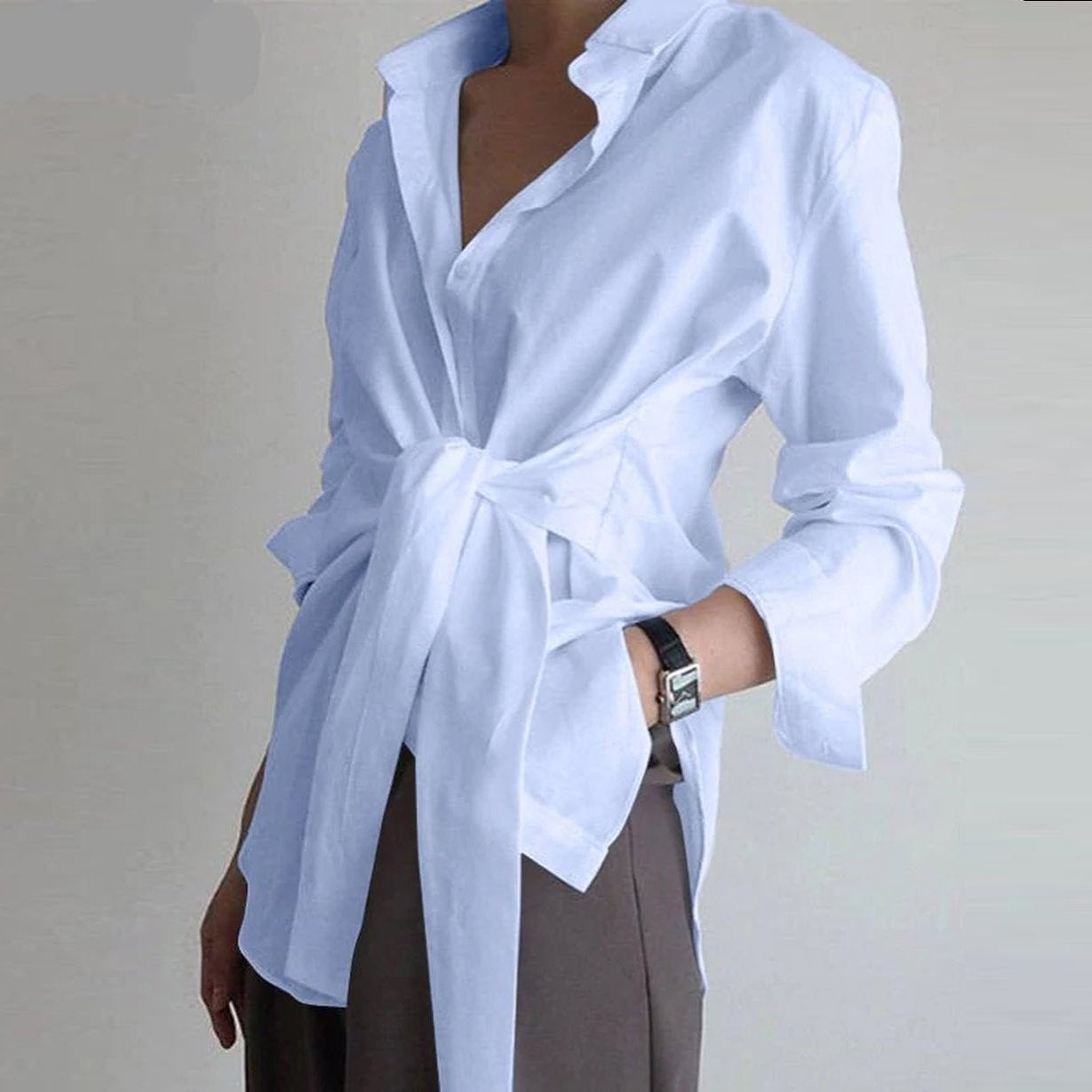 Solid Color Belted Lengthening Shirt