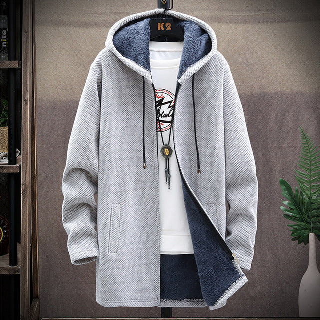 2023 Men Casual Sweaters Jacket Slim Long Thick Warm Hooded Sweater Coat