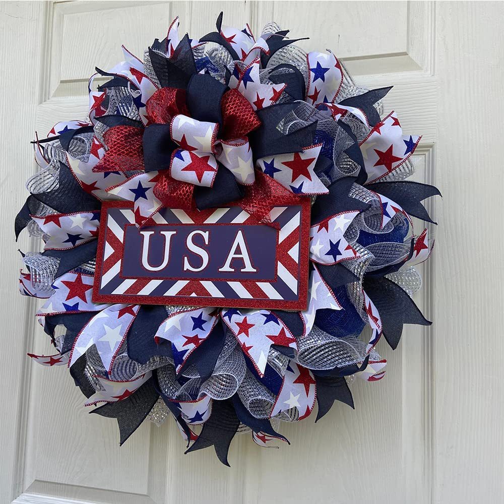 Patriotic Roses Wreath, 4th of July Summer Soft Touch Foam Roses Wreath for The Front Door