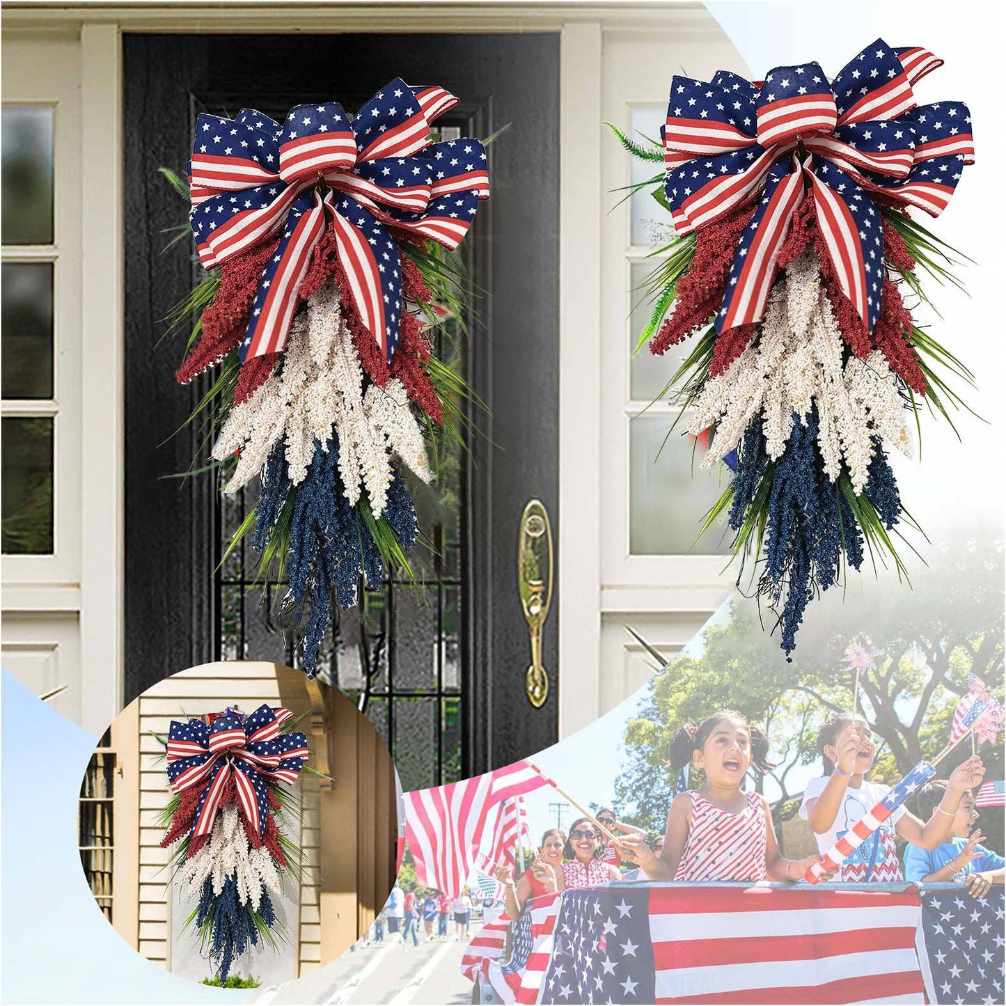 Patriotic Roses Wreath, 4th of July Summer Soft Touch Foam Roses Wreath for The Front Door