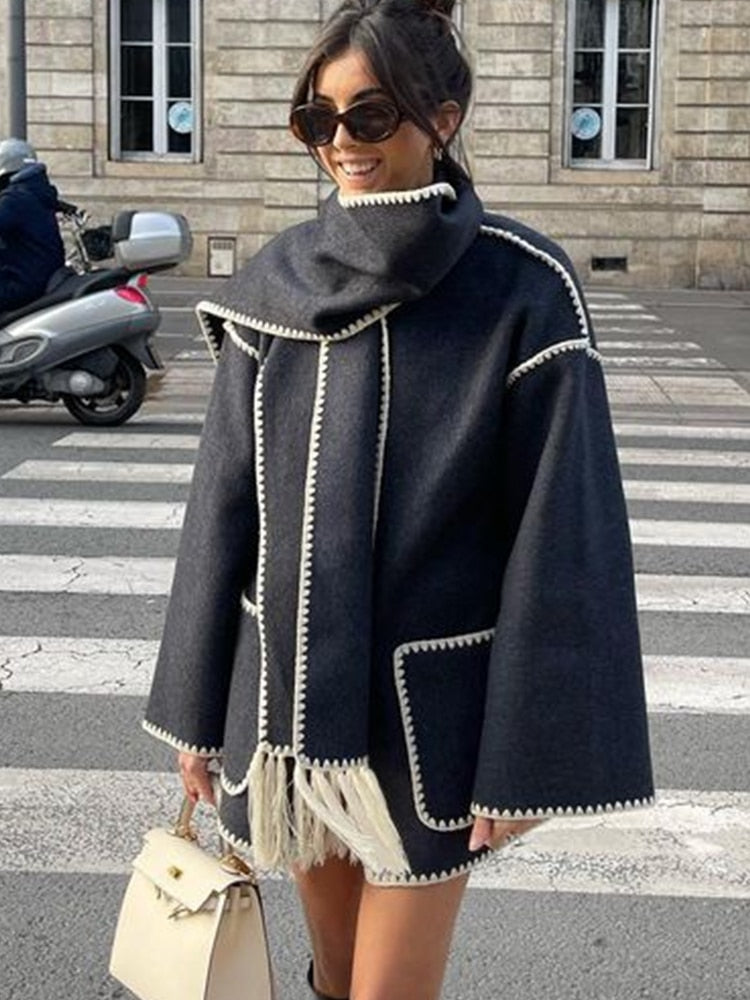 2023 new autumn and winter fashionable woolen coat thickened loose jacket with scarf tassels for women