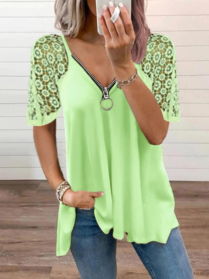 2023 NEW FASHION CASUAL LACE TOPS PATCHWORK SUMMER V-NECK HOLLOW OUT T-SHIRT