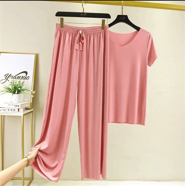 Soft Comfortable Ice Silk Short Sleeve T-Shirt Two Piece Set Loose Wide-leg Pants