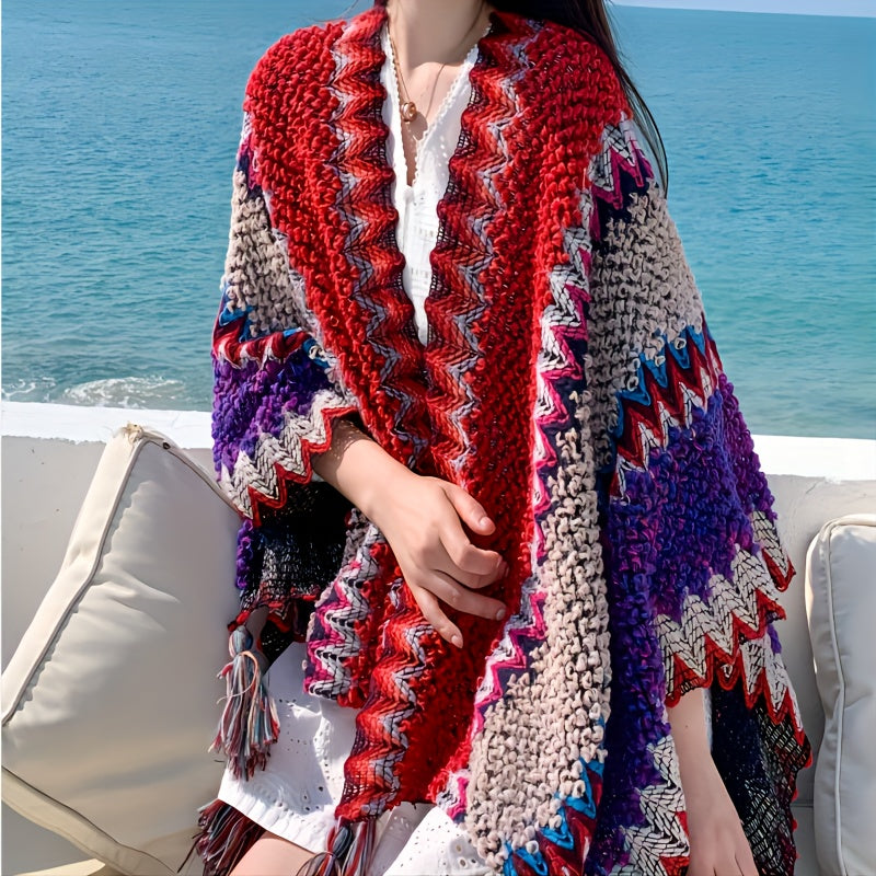 Bohemian braided shawl retro traditional striped fringed cardigan fashionable travel windproof