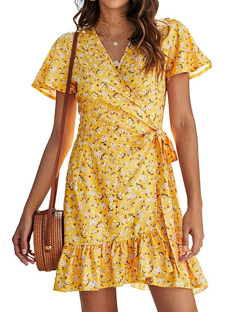 Women's Summer Wrap V Neck Polka Dot Print Ruffle Short Sleeve Mini Floral Dress with Belt