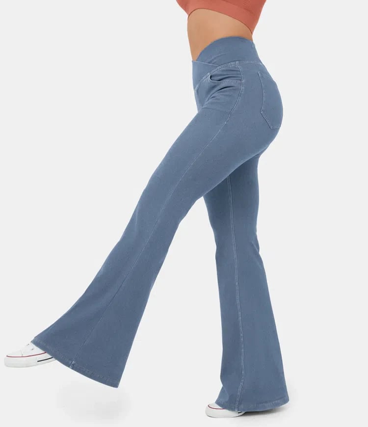 Stretchy Denim High Waisted Crossover Flare Pants (Buy 2 Free Shipping)