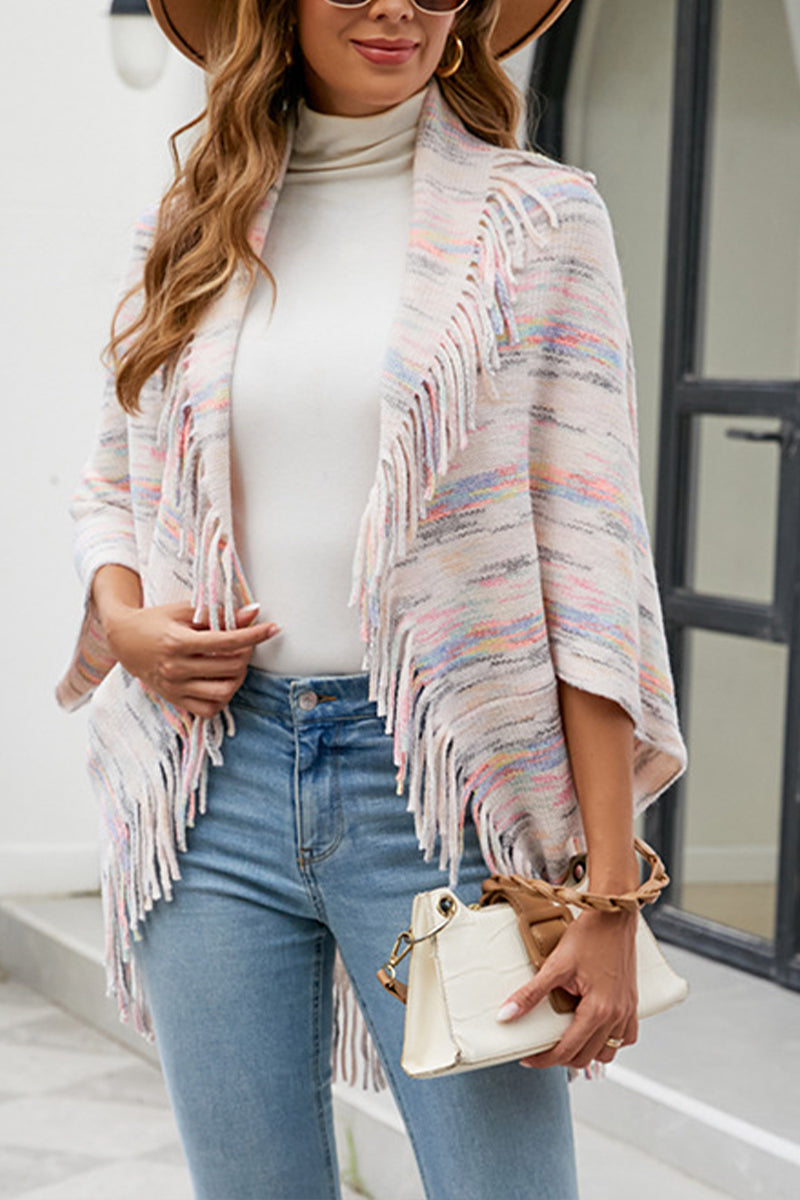 Color Striped Fringed Knit Shawl Sweater