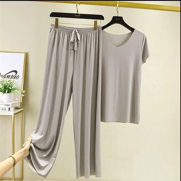 Soft Comfortable Ice Silk Short Sleeve T-Shirt Two Piece Set Loose Wide-leg Pants