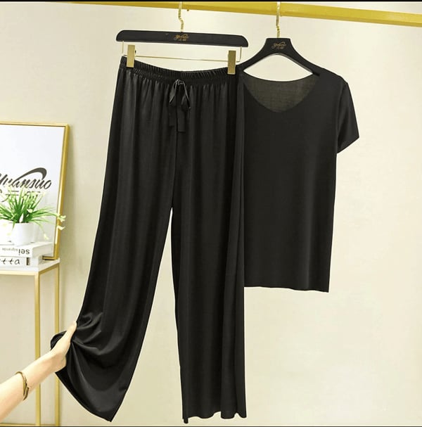 Soft Comfortable Ice Silk Short Sleeve T-Shirt Two Piece Set Loose Wide-leg Pants