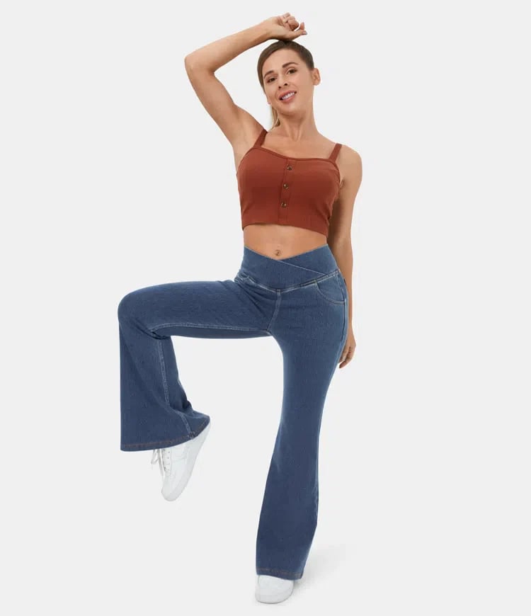 Stretchy Denim High Waisted Crossover Flare Pants (Buy 2 Free Shipping)