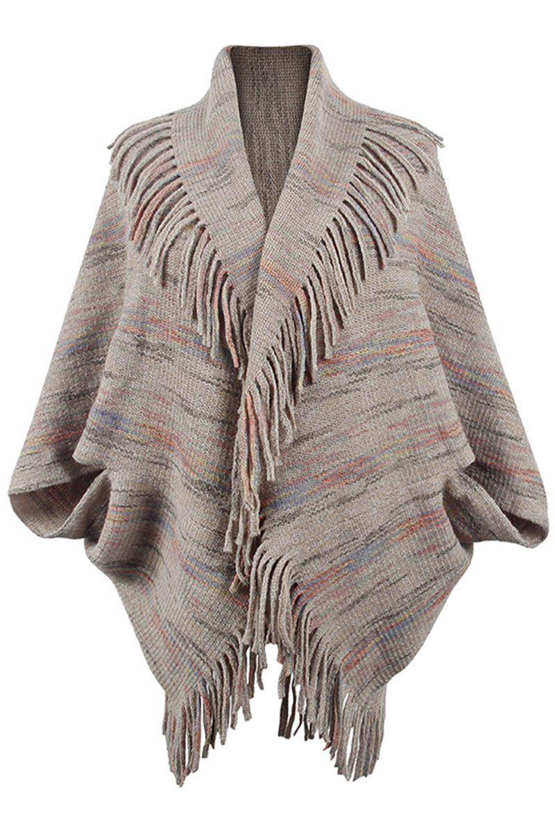 Color Striped Fringed Knit Shawl Sweater